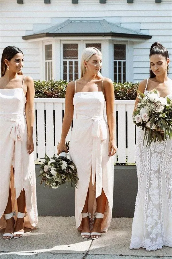 A Line Chiffon Spaghetti Straps Blush Pink Bridesmaid Dresses with Split, Long Prom Dress SWK15486