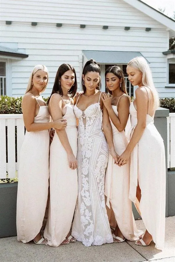 A Line Chiffon Spaghetti Straps Blush Pink Bridesmaid Dresses with Split, Long Prom Dress SWK15486