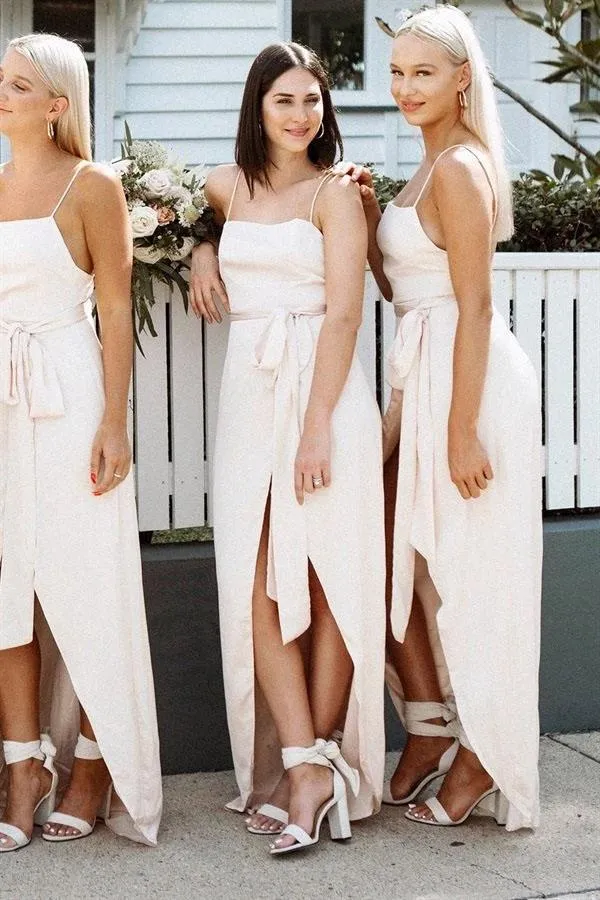 A Line Chiffon Spaghetti Straps Blush Pink Bridesmaid Dresses with Split, Long Prom Dress SWK15486