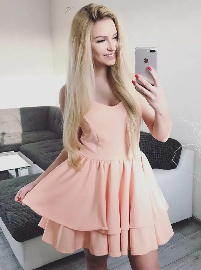 Chic Blush Pink Pleated Short Prom Homecoming Dress with Tiered Skirt GM131