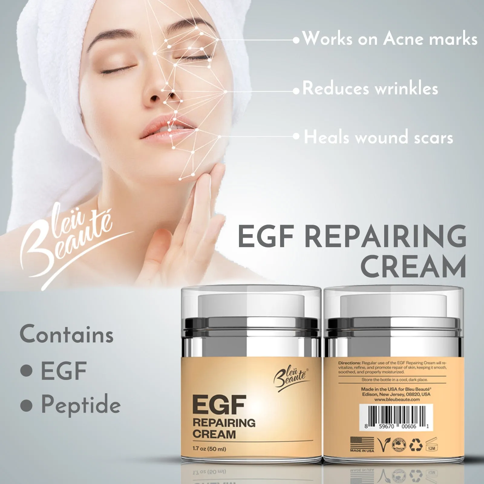 EGF Repairing Cream - reduce wrinkles and heal wound acne, dark spot and scar removal - 1.7 FL oz