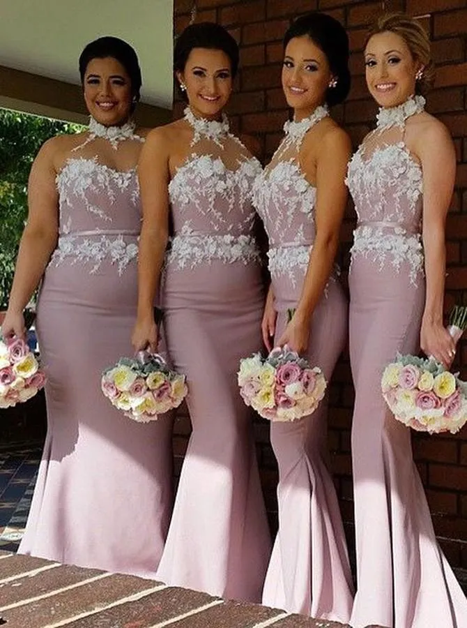 Halter Blush Mermaid Long Bridesmaid Dresses with Appliques PB59