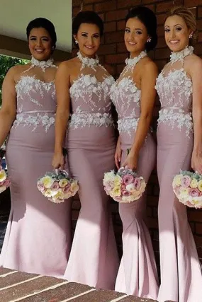 Halter Blush Mermaid Long Bridesmaid Dresses with Appliques PB59