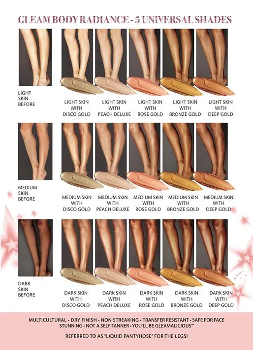 Melanie Mills Hollywood Gleam Body Radiance All In One Makeup, Moisturiser & Glow For Face & Body Peach Deluxe
