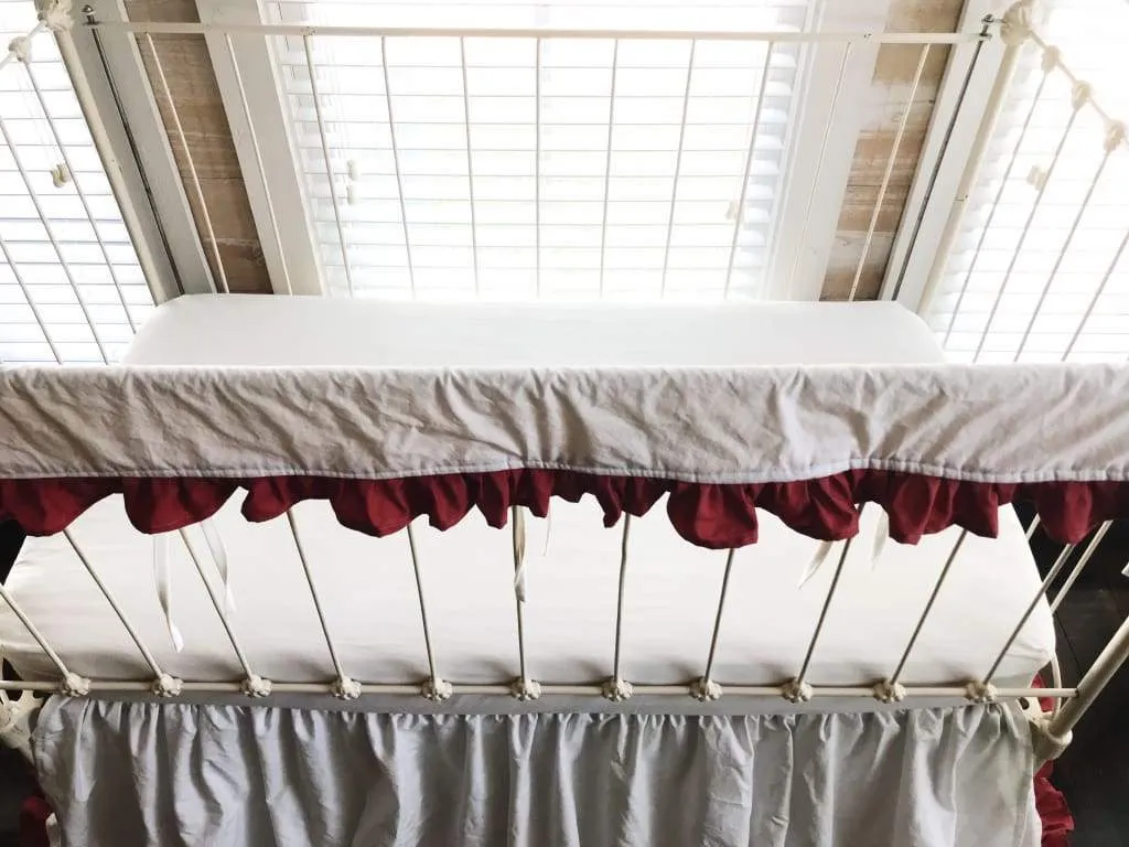 White and Blush Ruffled Crib Rail Cover
