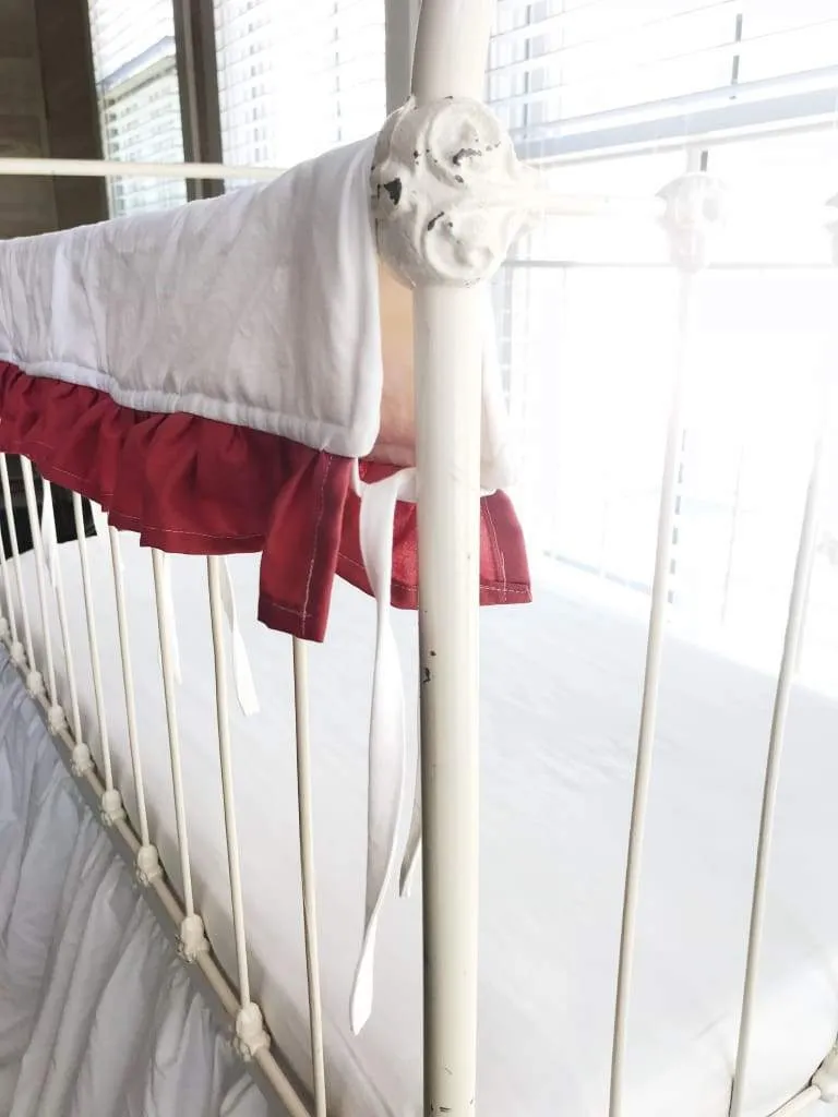 White and Blush Ruffled Crib Rail Cover