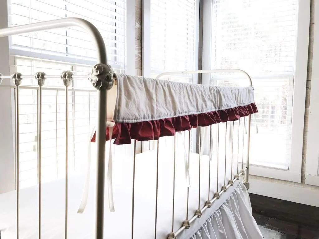 White and Blush Ruffled Crib Rail Cover