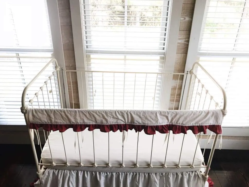White and Blush Ruffled Crib Rail Cover